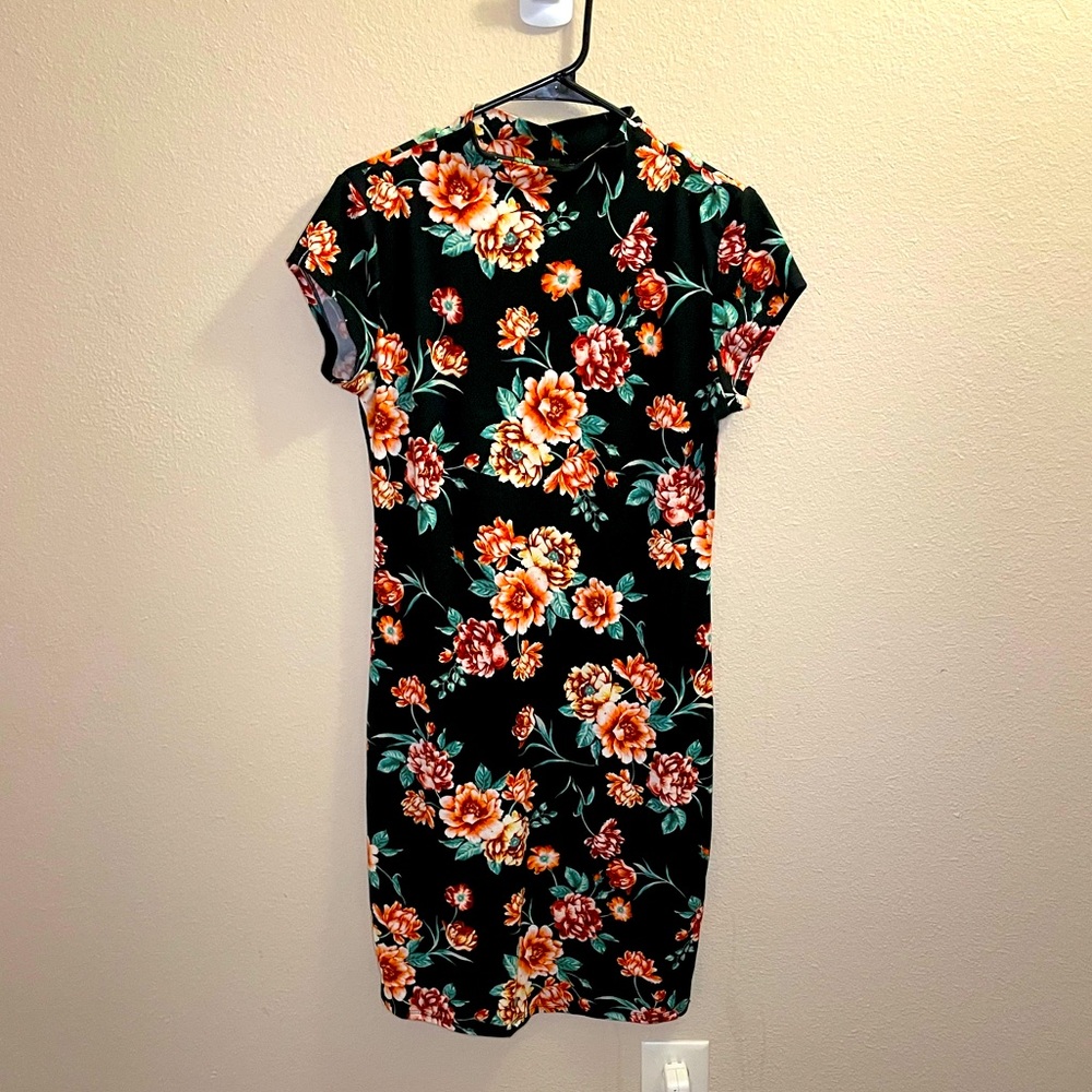 Black mock neck floral dress